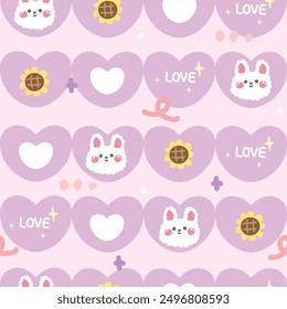 Seamless pattern of cute face rabbit with icon on background.Pastel.Bunny.Rodent animal head character cartoon design.Sunflower,heart,love text hand drawn.Kawaii.Vector.Illustration.