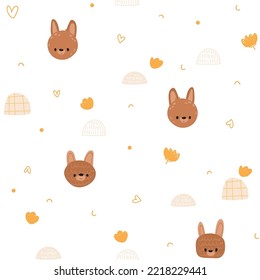 Seamless pattern with cute face rabbits and flowers. in hand drawn style. Seamless background for nursery decor, fabrics, children's textiles, wrapping paper. Vector