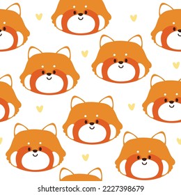 Seamless pattern of cute face red panda with tiny heart on white background.Wild animal character cartoon design.Baby clothing.Kid graphic.Kawaii.Vector.Illustration.