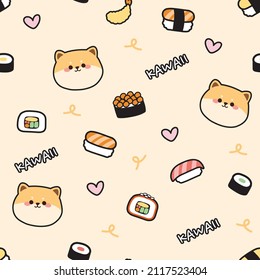 Seamless pattern of cute face shiba inu dog with tiny sushi on background.Kawaii text.Japanese animal and food.Japan concept.Asian.Sticker.Repeat.Art.Graphic design.Vector.Illustration.