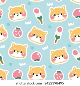 Seamless pattern of cute face shiba inu dog with sweet and fruit background.Pet animal character cartoon design.Japanese fruit and dessert.Image for card,poster,sticker,baby clothin.Japan.Kawaii.