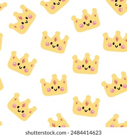 Seamless pattern of cute face smile crown on white background.King and queen.Cartoon character hand drawn design.Kawaii.Vector.Illustration.