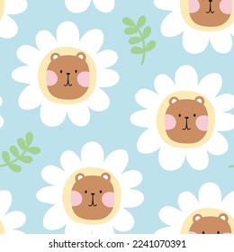 Seamless pattern of cute face teddy bear in flower with leaf on blue background.Wild animal character cartoon desing.Baby clothing.Kawaii.Vector.Illustration.
