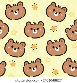 Seamless pattern of cute face teddy bear with star on pastel background.Wild animal character design.Image for card,baby clothing,print screen.Kawaii.Vector.Illustration.