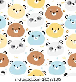 Patrón sin foco de adorable cara de oso de peluche con la mano dibujada en fondo blanco. Diseño de caricaturas de carácter animal salvaje. Ropa de bebé. Kawaii.Vector.Ilustración.