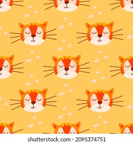 Seamless pattern cute face of a tiger. Holiday tiger day. Colorful vector illustration in a cartoon style. Stripes head card. Wrapping or print, card or paper