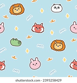 Seamless pattern of cute face wild animal on blue background.Lion,crocodile,rabbit,fox head hand drawn.Image for card,poster,baby clothing.Kawaii.Vector.illustration.Illustrator.