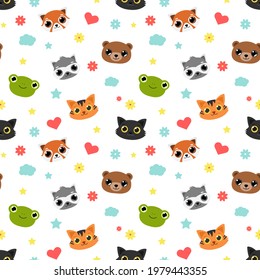 Seamless pattern cute faces of animals. Tiger, cat, raccoon, frog, bear