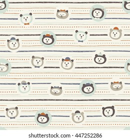 Seamless pattern with cute faces bears and cats in vector. Hand drawn background with stripes and dots in pastel colors