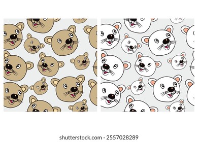 Seamless pattern of cute faces of brown and white furry animals