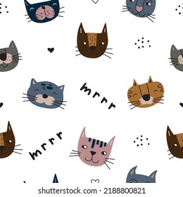 Seamless pattern with cute faces of cats. Vector illustration on a white background for your design