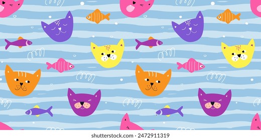 Seamless pattern with cute faces of cats with different emotions against the background of waves with fish. Children's print. Vector graphics.