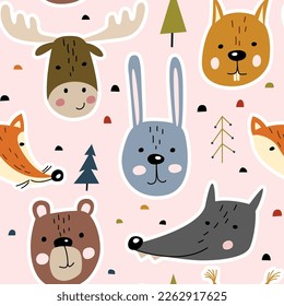 Seamless pattern with cute faces of forest animals in scandinavian style on a pink background. Childish print for baby clothes and interior.