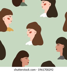 Seamless Pattern Cute faces of girls for Design in a Modern Style. Vector Illustration
