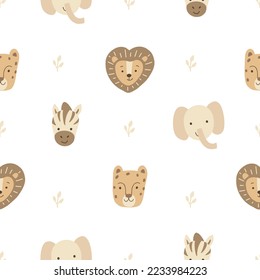 Seamless pattern with cute faces of lion, elephant, leopard, zebra. Vector background with safari animals.