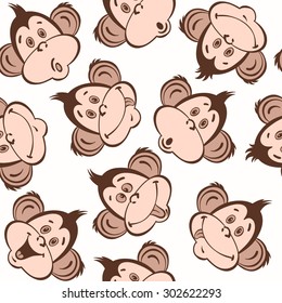 Seamless pattern with cute faces of monkeys. Kids  background.