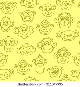 Seamless pattern with cute faces of monkeys. Kids background.
