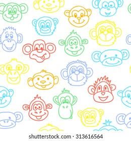 Seamless pattern with cute faces of monkeys. Kids background.