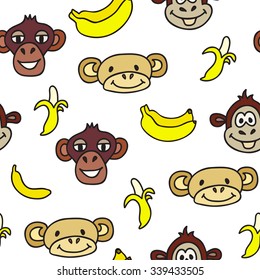 Seamless pattern with cute faces of monkeys and bananas. Kids background. Textures for wallpaper, fills, web page background.