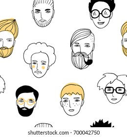 Seamless pattern with cute faces of people. Doodle portraits of guys. Trendy hand drawn background. Line art, sketch style cartoon vector illustration. Outline avatars textture for textile, paper