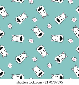 Seamless pattern with cute faces puppy and paws. Vector illustration.