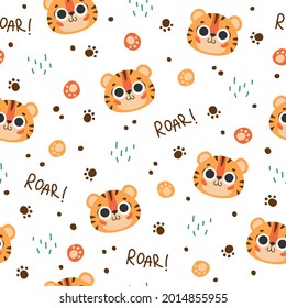 Seamless pattern with cute faces tiger, muzzles tiger cub with brown stripes, symbol of new 2022 year on white background. Vector illustration for postcard, banner, web, decor, design, arts, calendar.