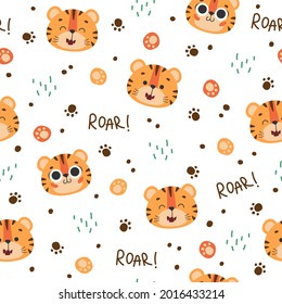 Seamless pattern with cute faces tiger, muzzles tiger cub with brown stripes, symbol of new 2022 year on white background. Vector illustration for postcard, banner, web, decor, design, arts, calendar.