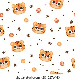 Nahtloses Muster mit süßem Gesichtstiger, Maulkorb mit braunen Streifen, Symbol des neuen Jahres 2022 auf weißem Hintergrund. Vektorgrafik für Postkarte, Banner, Web, Dekor, Design, Kunst, Kalender.