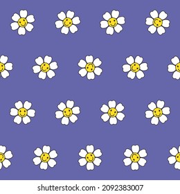 Seamless pattern with cute faces of white flowers. The purple background color of the year 2022 Very Peri.