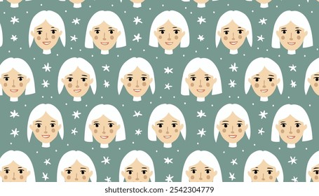Seamless pattern with cute faces of women. Vector illustration.