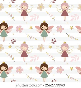 Seamless pattern with cute fairies and flowers. Fairy tale springtime background in pastel colors. Cartoon patterns. 