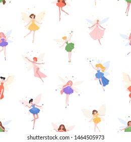 Seamless pattern with cute fairies on white background. Backdrop with mythical or folkloric winged magical creatures, flying fairytale characters. Flat cartoon vector illustration for fabric print.