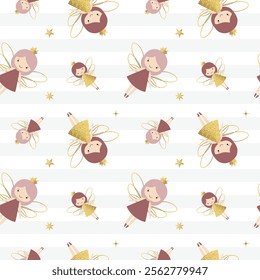 Seamless pattern with cute fairies and shining golden stars. Gentle childish background