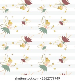 Seamless pattern with cute fairies and shining golden stars. Gentle childish background