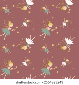 Seamless pattern with cute fairies and shining golden stars. Gentle childish background