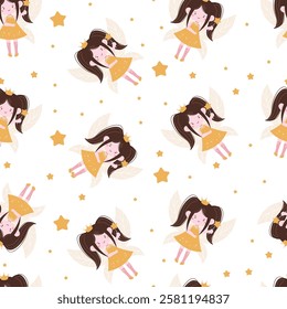 Seamless pattern of a cute fairy with brown hair, wearing a yellow dress and holding a magic wand, surrounded by yellow stars, ideal for children's designs, fabrics, and magical-themed projects.