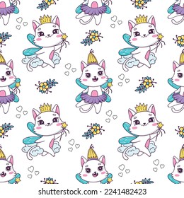 Seamless pattern with cute fairy cats with a magic wand decoration for children's products.