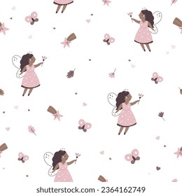 Seamless pattern with cute fairy girl, butterfly and comet. Kids background for textile, fabric, wallpaper, wrapping paper, decorations.