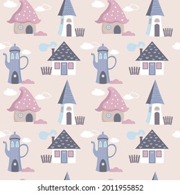 Seamless pattern with cute fairy houses in pastel colors. For textiles, paper design, fabrics. Beautiful print with cute fairy houses