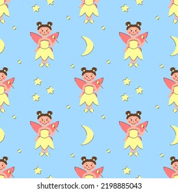 Seamless pattern cute fairy with moon and stars on blue background. Fairy with a magic wand. Children, girl vector illustration for fabric, textile, wallpaper