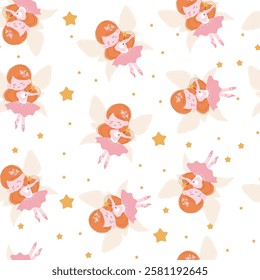 Seamless pattern of a cute fairy with red hair, wearing a pink dress and holding a magic wand, surrounded by yellow stars, ideal for children's designs, fabrics, and magical-themed projects.