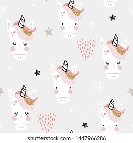 Seamless pattern with cute fairy unicorns heads. Creative childish background. Perfect for kids apparel,fabric, textile, nursery decoration,wrapping paper.Vector Illustration