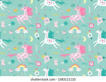 Seamless pattern with cute fairy unicorns.