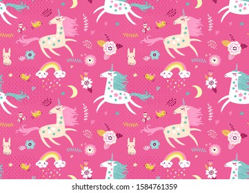 Seamless pattern with cute fairy unicorns.