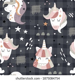 Seamless pattern with cute fairy unicorns heads. Perfect for kids apparel,fabric, textile, nursery decoration,wrapping paper.Vector Illustration. Creative childish background.