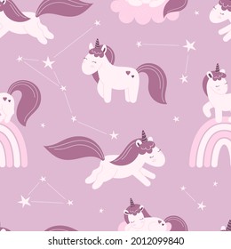 Seamless pattern with cute fairy unicorns, clouds, stars. Decor for a nursery, packaging, wallpaper, print for clothes. Vector illustration in flat style, child character