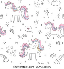 Seamless pattern with cute fairy unicorns. Perfect for kids apparel,fabric, textile, nursery decoration,wrapping paper.Vector Illustration. Creative childish background.