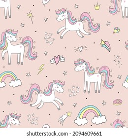 Seamless pattern with cute fairy unicorns. Perfect for kids apparel,fabric, textile, nursery decoration,wrapping paper.Vector Illustration. Creative childish background.