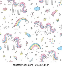 Seamless pattern with cute fairy unicorns. Perfect for kids apparel,fabric, textile, nursery decoration,wrapping paper.Vector Illustration. Creative childish background.