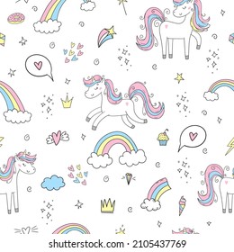 Seamless pattern with cute fairy unicorns. Perfect for kids apparel,fabric, textile, nursery decoration,wrapping paper.Vector Illustration. Creative childish background.